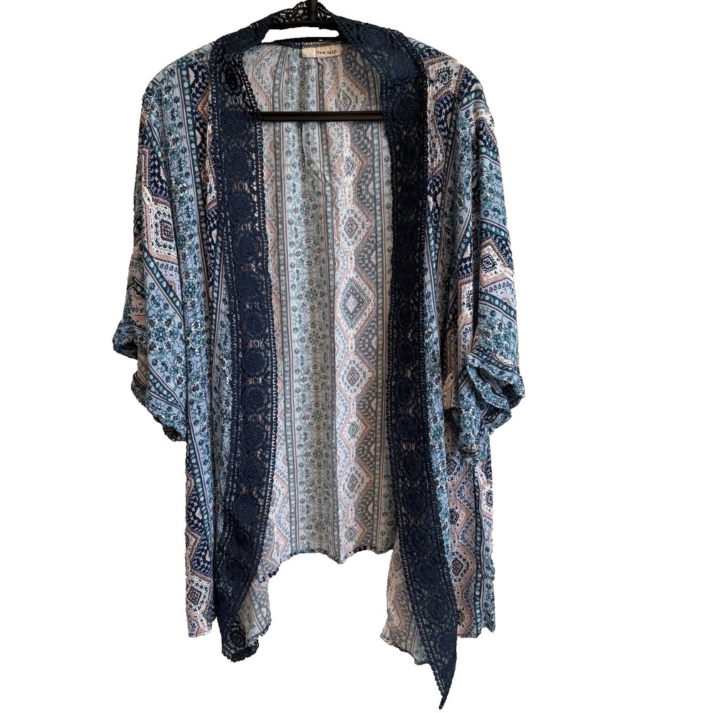 Womens Short Flutter Sleeve Open Cardigan L/XL Lightweight Crochet Trim Boho